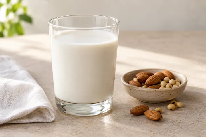A glass of plant-based drink with almonds and soybeans