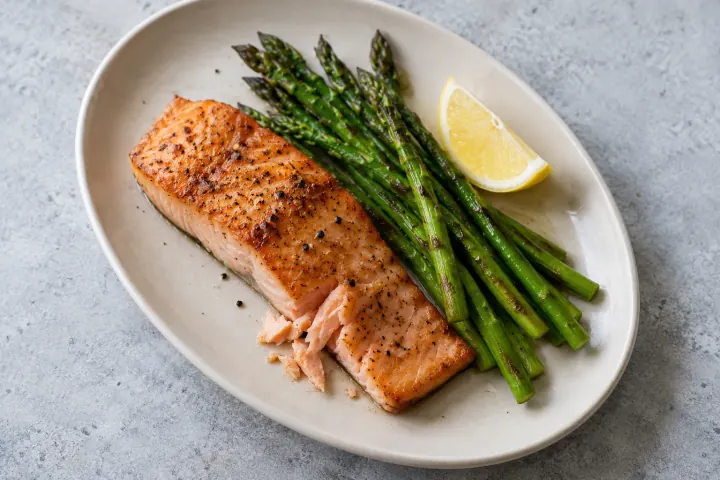 Cooked salmon with asparagus and lemon